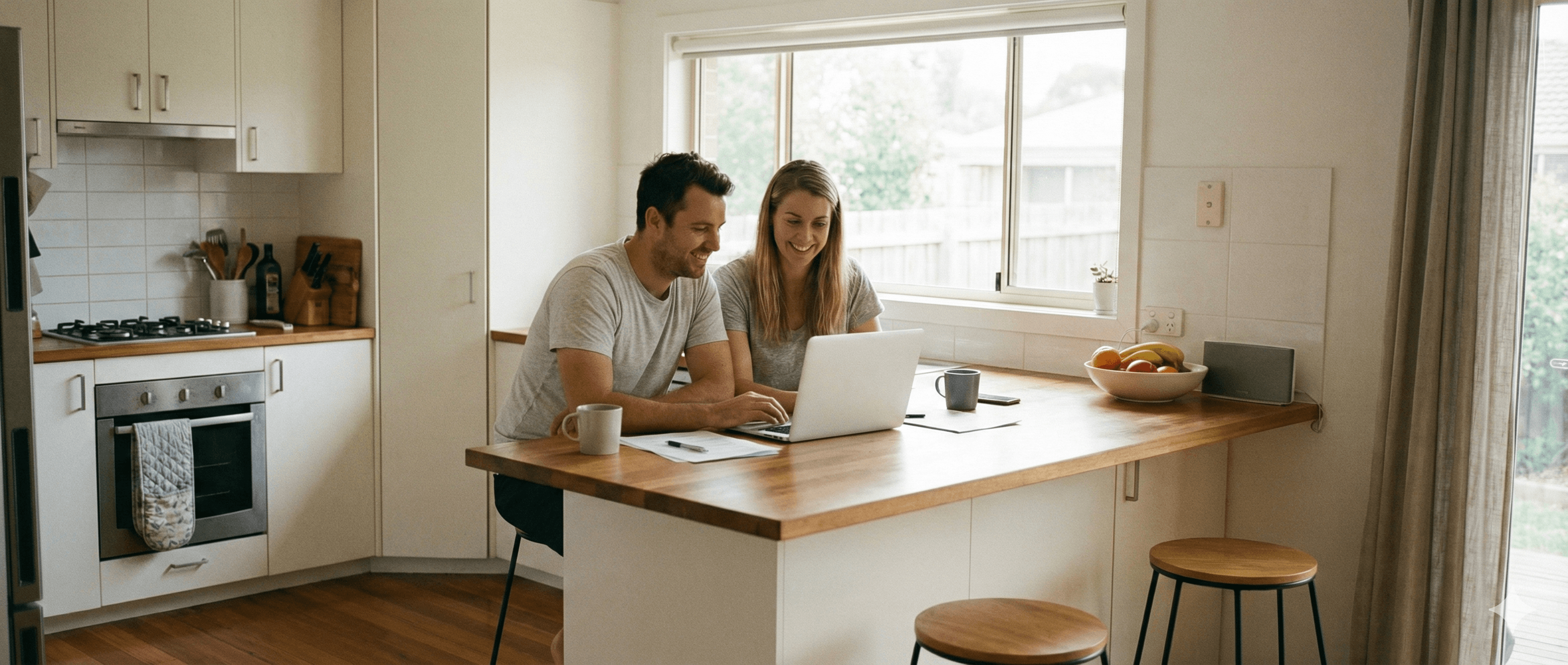 Couple planning finances at their kitchen counter