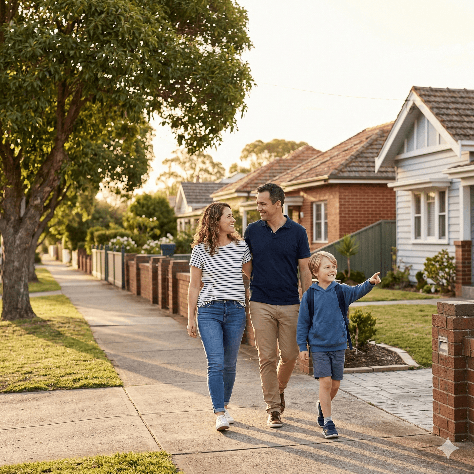 Australian family walking through suburb at golden hour